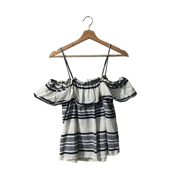 Splendid Cold Off Shoulder Blouse Large XL Striped Navy Ivory Ruffle Top Peasant - Picture 4 of 12